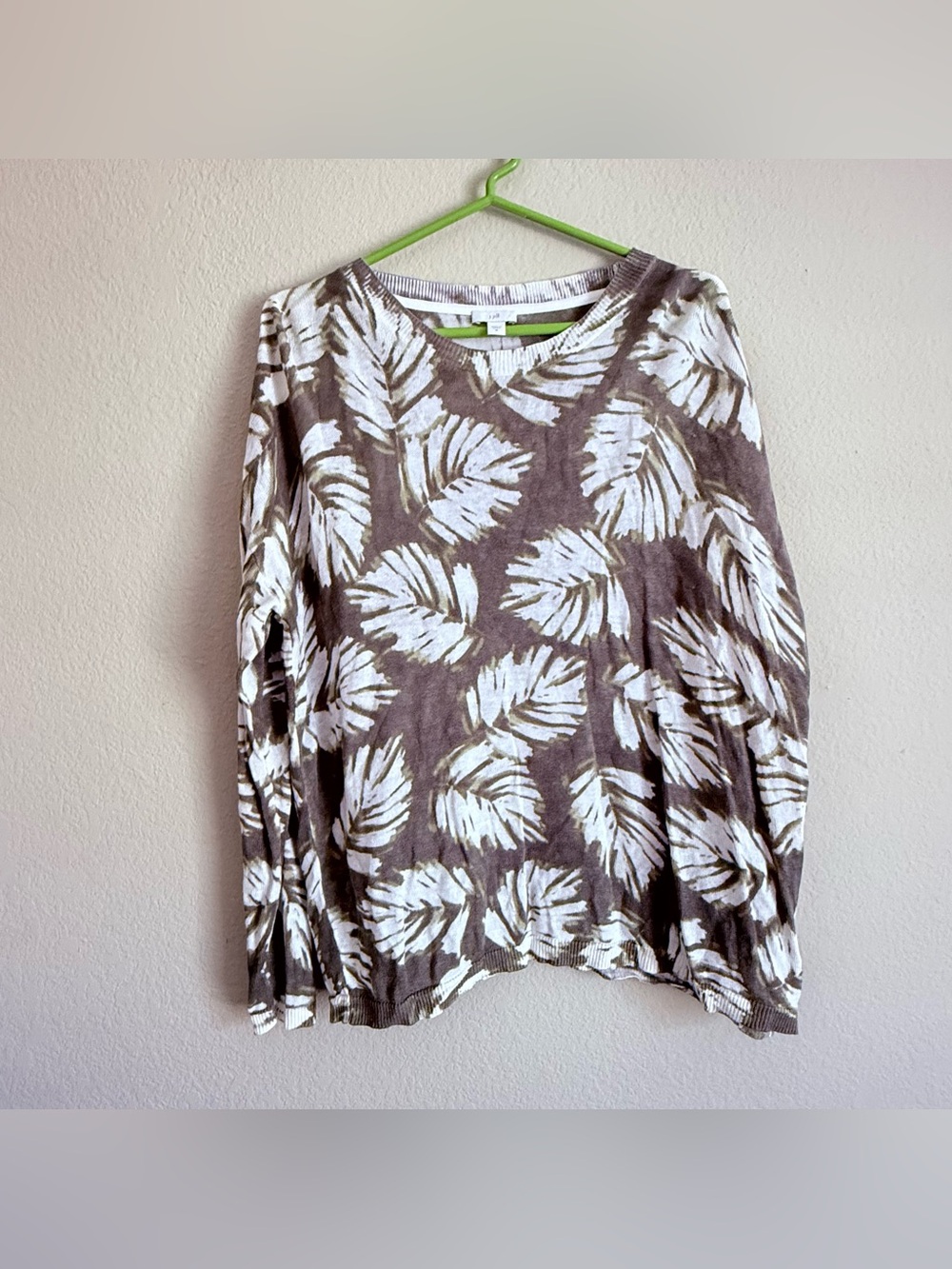 J. Jill Palm Print Linen Blend Lightweight Green Long Sleeves Sweater